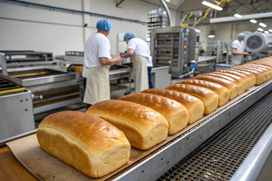 Fresh bread on conveyor in bakery. Industrial pastry production