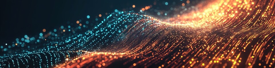 Fototapeta premium Glowing particles in wavy motion on dark backdrop