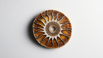 A close-up view of a fossilized ammonite shell on a white background.