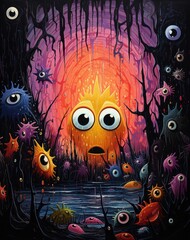 Obraz premium Colorful underwater creatures explore an enchanting dark forest at sunset
