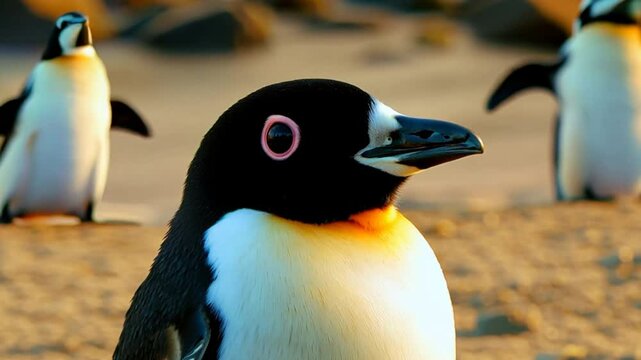 One little African penguin closeup portrait on sandy beach. Spheniscus demersus or jackass penguin. Colony on Boulders Beach Nature Reserve in Simon's Town in South Africa. Wildlife nature birds