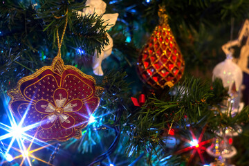 Close-up of Christmas tree decorations, shallow depth of field image