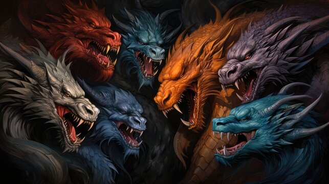 Powerful dragon heads in vibrant colors against a dark background creating an intense atmosphere