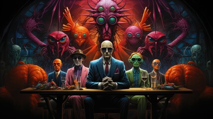 Fototapeta premium Mysterious dinner gathering with enigmatic figures surrounded by surreal creatures and vivid colors