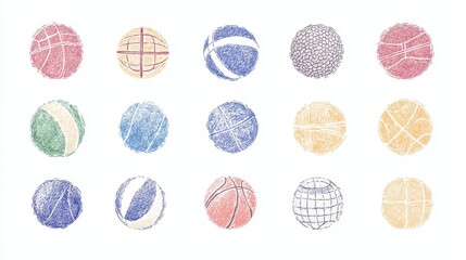 minimalist sports equipment icons collection, volleyball football badminton tennis basketball symbols, hand drawn style, crayon texture, clean white background, childlike doodle aesthetic, simple