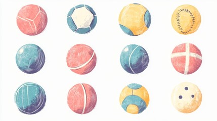 playful sports ball illustration set, simple geometric shapes, crayon art style, bowling ball pool ball baseball icons, rough sketch texture, pastel color palette, elementary school drawing