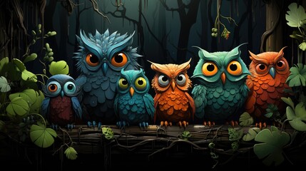 Colorful owls perched on a branch in a dark forest setting during nighttime