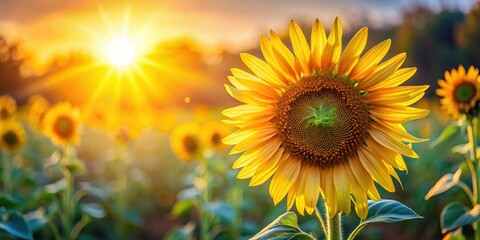 Fototapeta premium A beautiful close-up of a vibrant sunflower in the morning sun , sunflower, morning, sunlight, nature, bloom, beauty, yellow