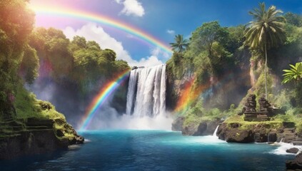 Fototapeta premium Waterfall with blue water and rainbow in tropical island. Bali, Indonesia 