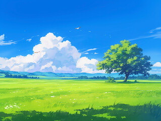 Fototapeta premium 緑の広がる草原と青空 Generative AI