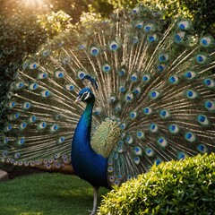 Obraz premium A peacock fanning its feathers in a sunlit garden with manicured hedges.