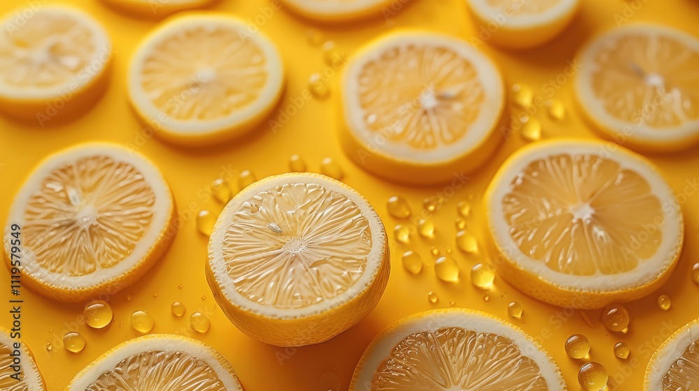 Poster Refreshing lemon slices. yellow background. creating a lively and refreshing visual effect. Translucent lemons cut into round. top view.
