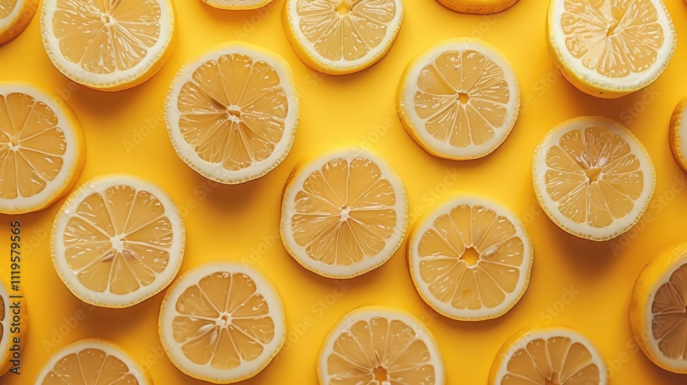 Wall mural Refreshing lemon slices. yellow background. creating a lively and refreshing visual effect. Translucent lemons cut into round. top view.