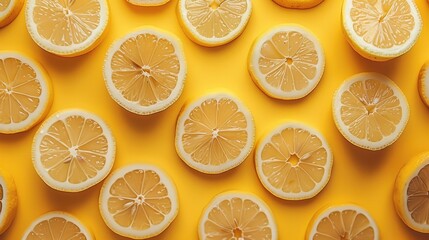 Obraz premium Refreshing lemon slices. yellow background. creating a lively and refreshing visual effect. Translucent lemons cut into round. top view.