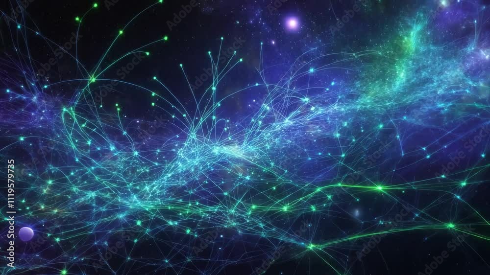 Poster colorful strands and nodes simulate a vibrant network, creating an abstract cosmic landscape with ne