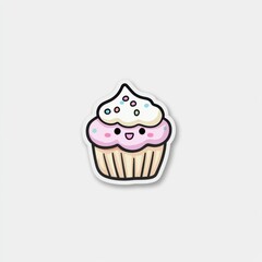 Cute cartoon cupcake sticker with happy face, pink frosting and white icing.