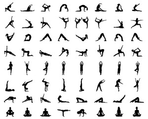 Black silhouettes of yoga and fitness on white background