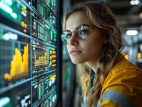 Businesswoman Analyzing Digital Interface for Bulk Inventory Forecasting and Demand Planning in Wholesale Business