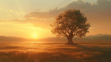 Fototapeta premium Solitary tree in golden sunset field.