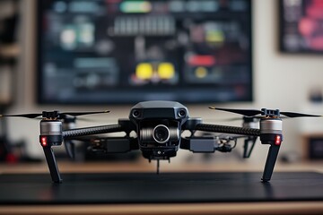 Black drone on table with blurred background, focus on technology