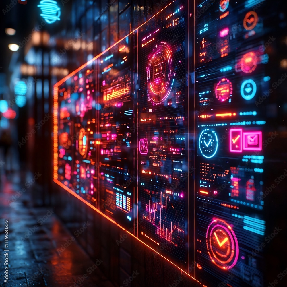 Poster glowing digital display visualizing ai driven marketing insights and engagement metrics for optimize
