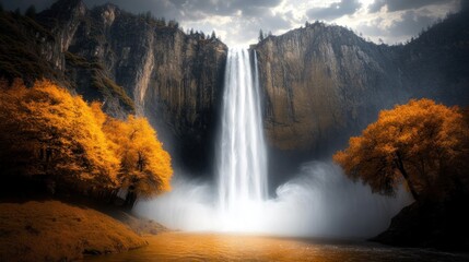 Fototapeta premium A majestic waterfall surrounded by vibrant autumn foliage in a serene landscape.
