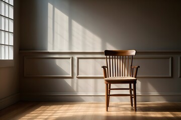 An empty wooden chair sits by a window with sunlight streaming through sheer curtains. Soft light and shadows create a tranquil, minimalist atmosphere with neutral tones and a serene, simple design.