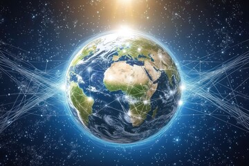 Fototapeta premium A digital representation of Earth surrounded by network connections and stars.