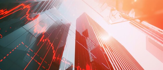 Skyscrapers soar into a bright sky with red financial data overlays, reflecting the energy of the business world.