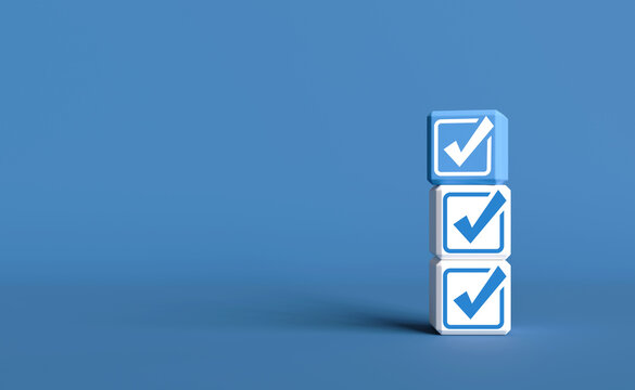 Check mark icon in cube on blue background. checklist survey concept, and evaluation Accreditation, quality assurance. with copy space and business design. 3D rendering illustration