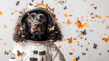A Playful Dog in an Astronaut Suit Surrounded by Colorful Butterflies in a Whimsical Space Setting Filled with Nature's Beauty and Joy