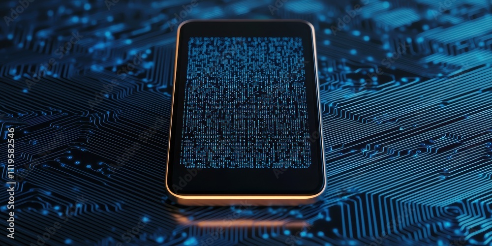 Poster a sleek smartphone displays binary code on a blue circuit-patterned background, highlighting technol