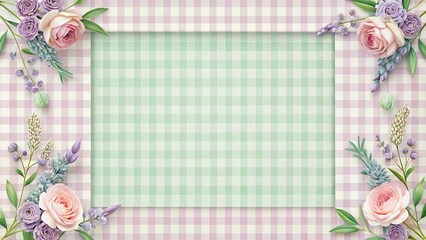 Elegant floral frame on pastel gingham background ideal for invitations or announcements
