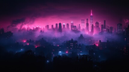 Pink and purple city skyline shrouded in fog at night.