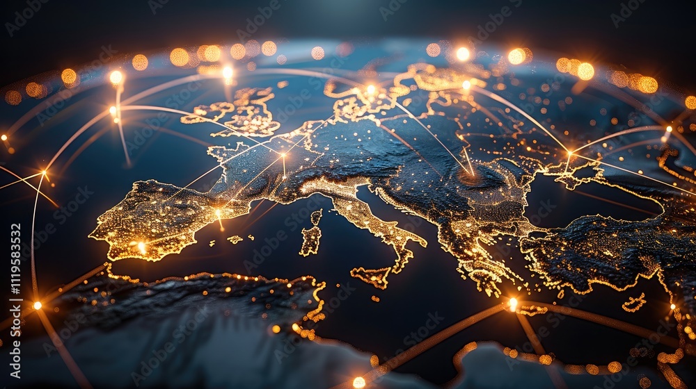 Poster A sleek, futuristic 3D virtual globe with glowing points of light scattered across key global business hubs, including the Europe cities and multiple locations luminous lines connect these points.