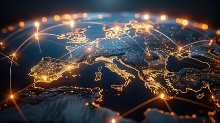 A sleek, futuristic 3D virtual globe with glowing points of light scattered across key global business hubs, including the Europe cities and multiple locations luminous lines connect these points.