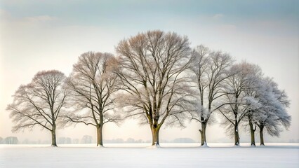 Fototapeta premium Serene Winter Landscape Five Leafless Trees Stand in a Snowy Field Under a Pale Sky