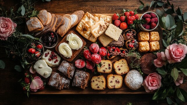 Valentine's dessert charcuterie board: Assorted sweet treats and fresh blooms artfully arranged on a wooden board,