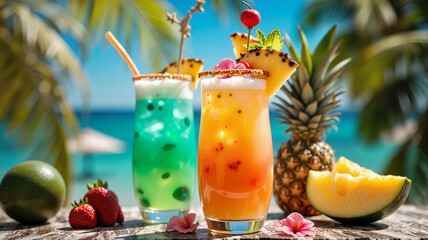 Tropical cocktails in vibrant colors with fruit garnishes on a beachside table