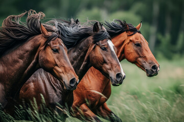 Obraz premium Close-up of three powerful brown horses running side by side through a green field, their manes flowing in the wind. Vibrant and dynamic scene