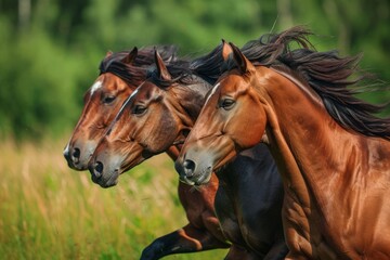 Obraz premium Side view of three stunning brown horses running closely together through a grassy field, their flowing manes and muscular frames exuding power and grace