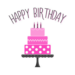 Happy Birthday cake. It's a girl. Pink Birthday greeting card with cute cake and candle. Layered cake. Banner, flyer, advertising template. Delicious dessert food. Flat design. White background Vector