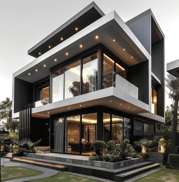 A modern and energy zero multiplex house with 3 floors and cladding material for buildings are horizontal black and white tone with sun room and a single slope roof.