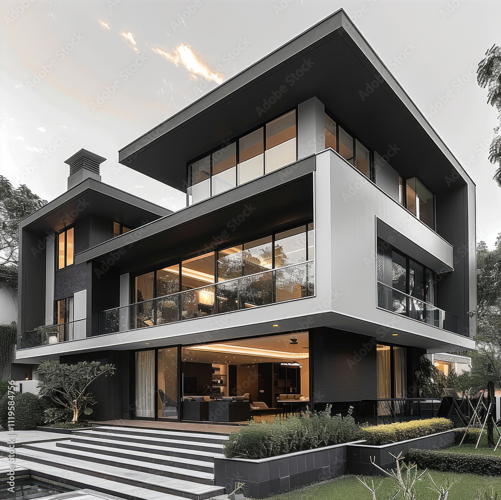 Poster A modern and energy zero multiplex house with 3 floors and cladding material for buildings are horizontal black and white tone with sun room and a single slope roof.