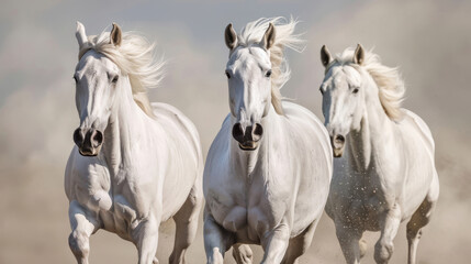 Obraz premium Front view of three majestic white horses running in unison, their manes flowing and dust rising around them, showcasing power, grace, and freedom