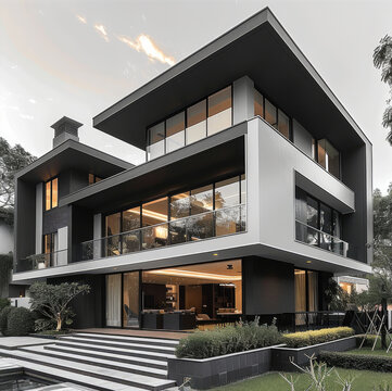 A modern and energy zero multiplex house with 3 floors and cladding material for buildings are horizontal black and white tone with sun room and a single slope roof.