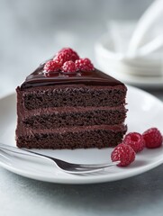 A slice of chocolate cake topped with raspberries on a white plate.