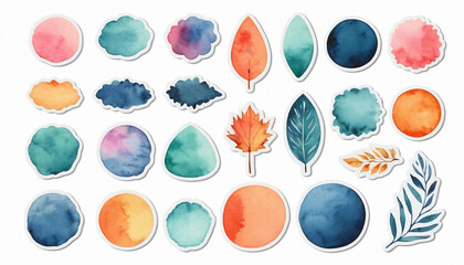 Colorful set of watercolor stickers featuring autumn leaves and abstract shapes, perfect for scrapbooking, card making, and other creative projects.