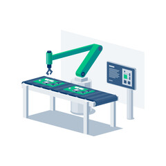 Assembly line industrial robot manipulating with chip on conveyor belt table. Robotic arm on workstation with product parts. Manufacturing process system. Isolated vector illustration icon on white.