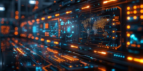 Futuristic control panel with glowing blue and orange interface elements and a digital map of the world